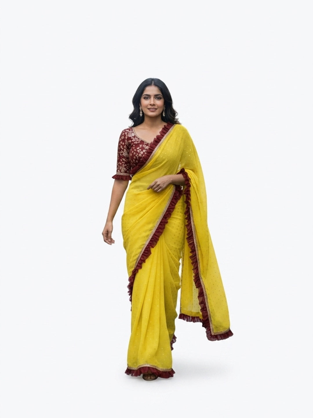 Peachmode Yellow Georgette Floral Print Frill Lace Saree - Image 3