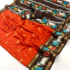 Peachmode Orange Dola Silk Kalamkari Print Saree - Image 2