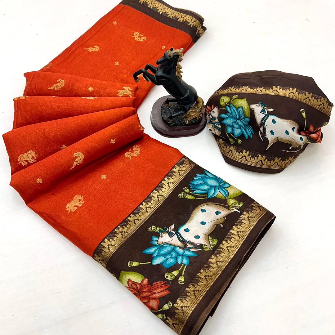 Peachmode Orange Dola Silk Kalamkari Print Saree - Image 3