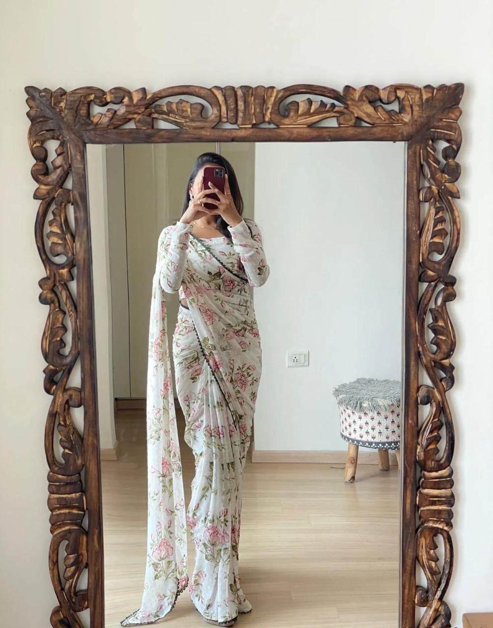 Peachmode Cream Georgette Floral Buti Saree - Image 1