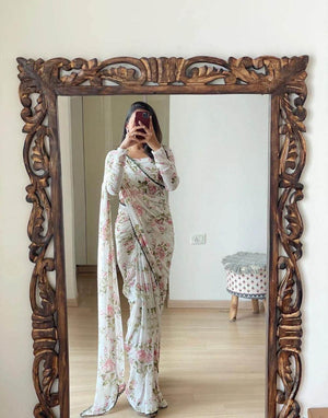 Peachmode Cream Georgette Floral Buti Saree - Image 1