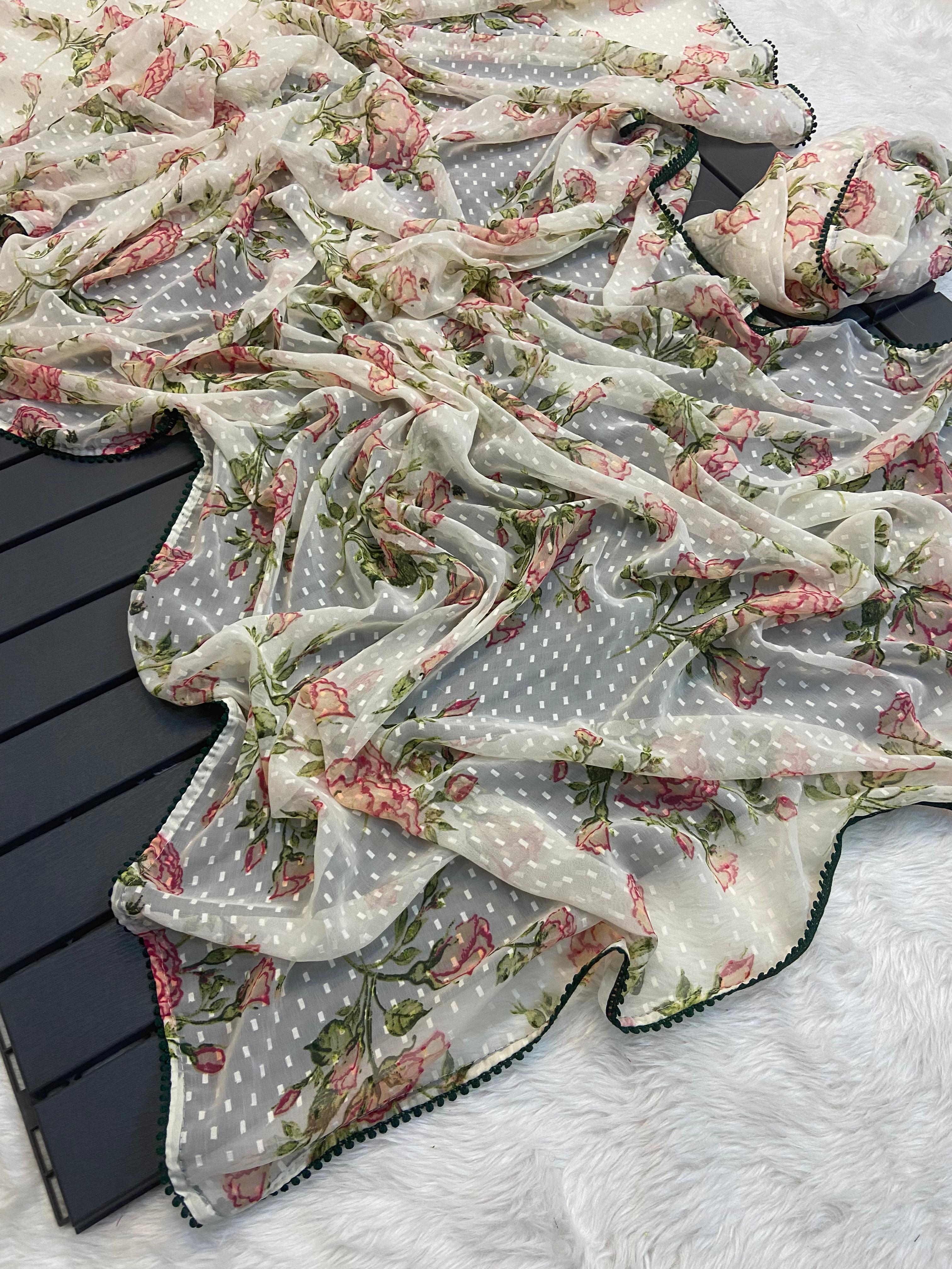 Peachmode Cream Georgette Floral Buti Saree - Image 7