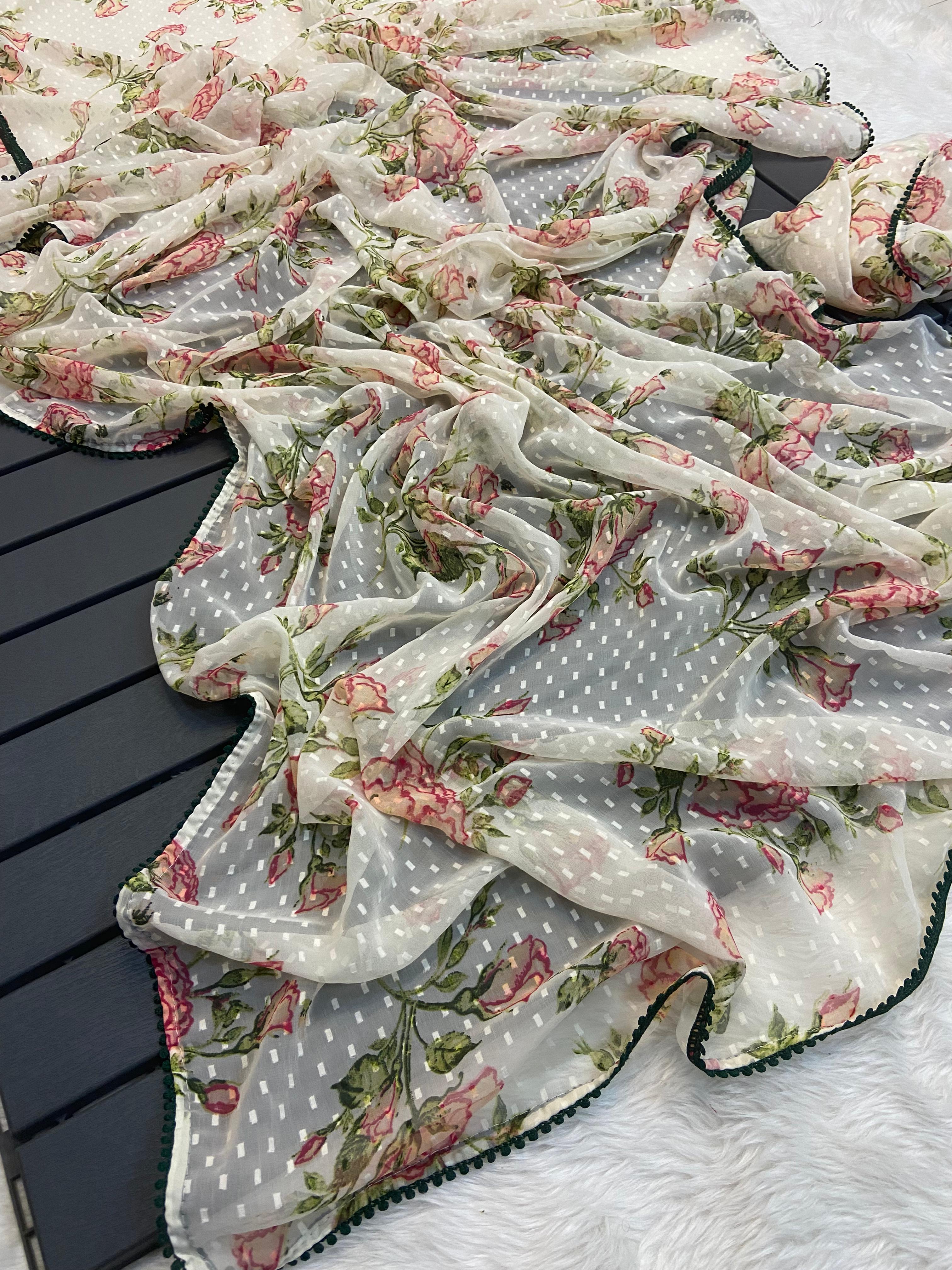 Peachmode Cream Georgette Floral Buti Saree - Image 8