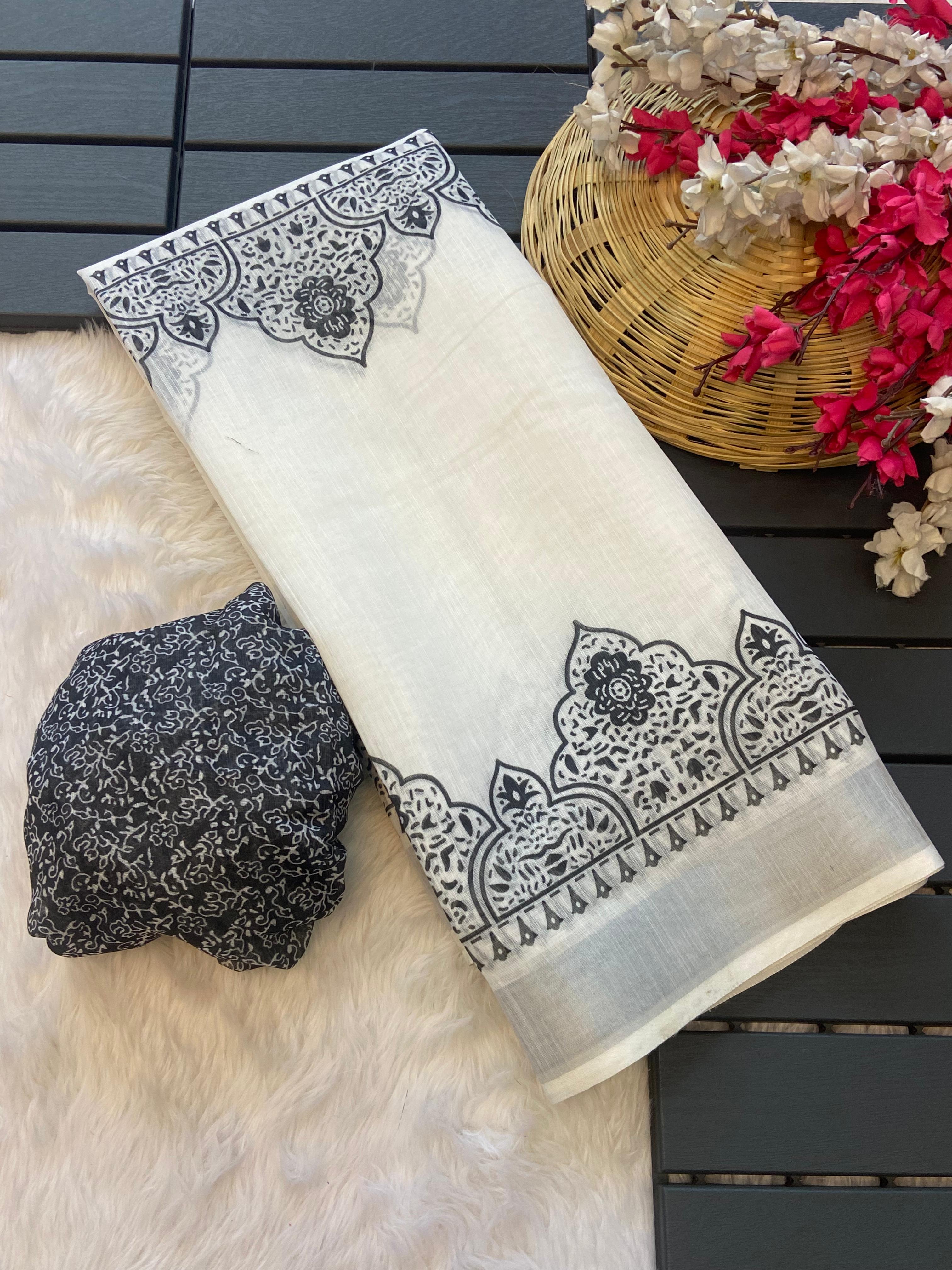 Peachmode Cream Linen Ethnic Motif Saree - Image 2