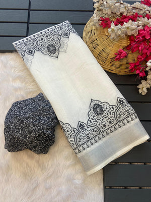 Peachmode Cream Linen Ethnic Motif Saree - Image 2