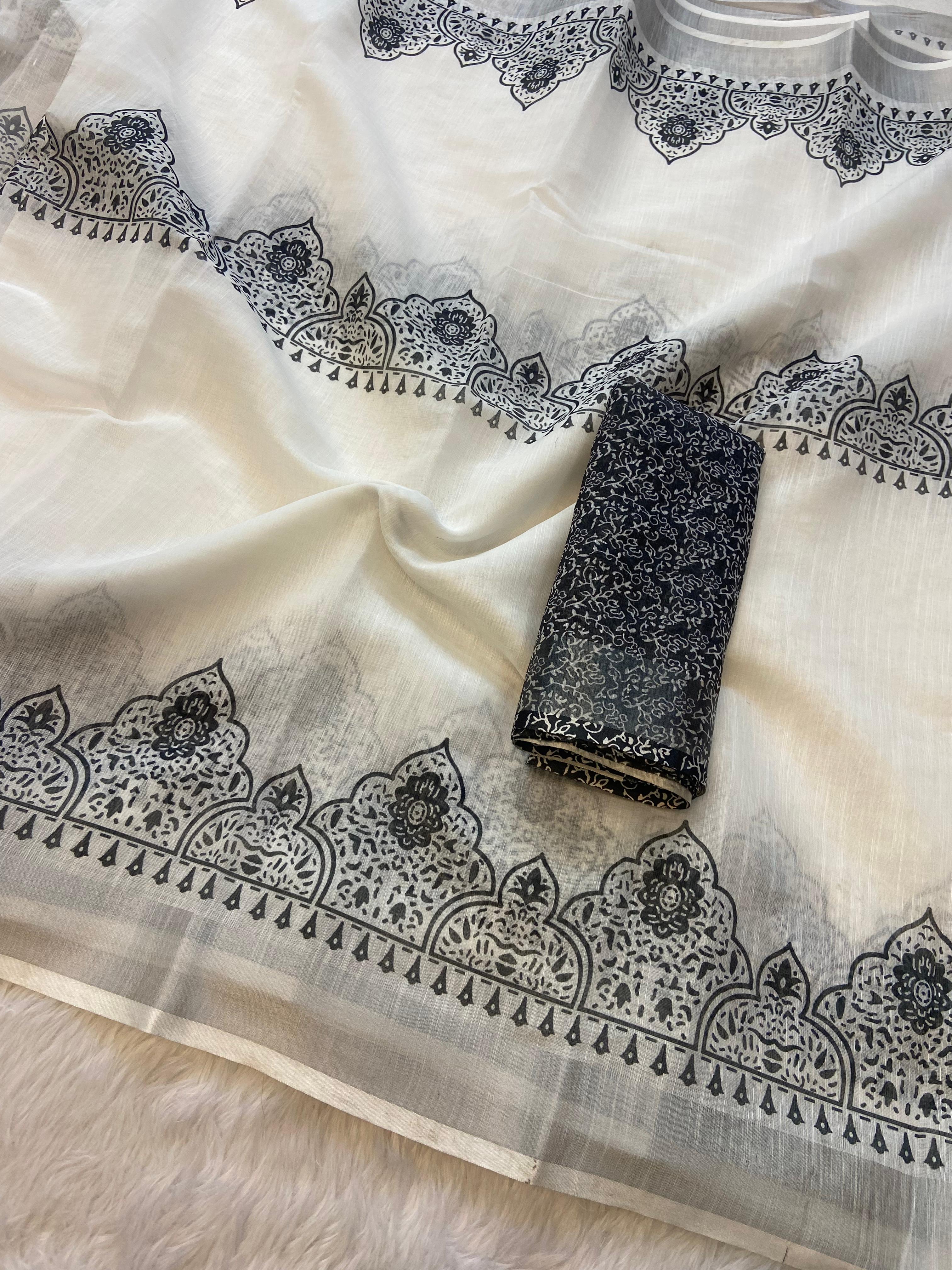 Peachmode Cream Linen Ethnic Motif Saree - Image 3