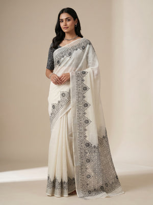 Peachmode Cream Linen Ethnic Motif Saree - Image 1