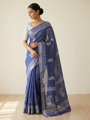 Peachmode Blue Linen Ethnic Motif Saree - Image 1