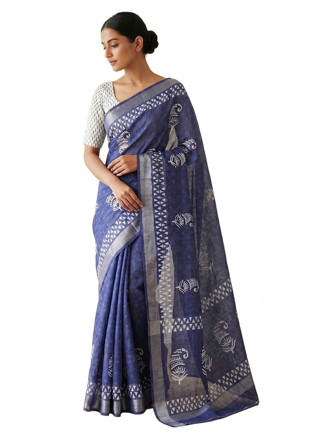 Peachmode Blue Linen Ethnic Motif Saree - Image 4