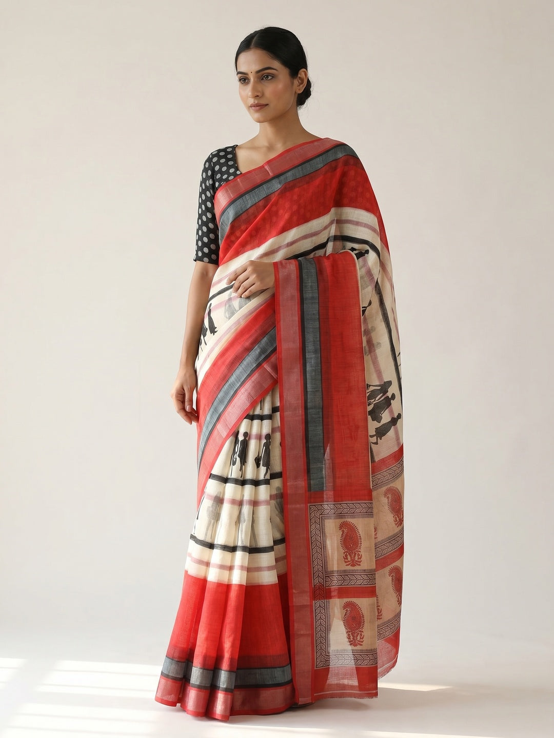 Peachmode Red Linen Striped Saree - Image 1