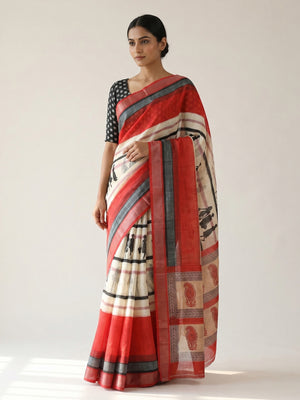 Peachmode Red Linen Striped Saree - Image 1