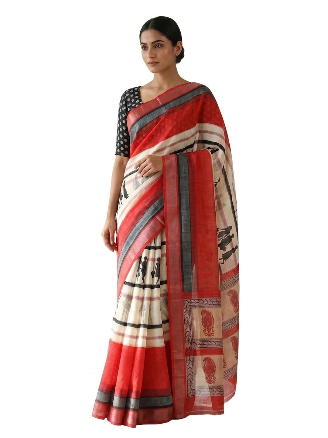 Peachmode Red Linen Striped Saree - Image 4