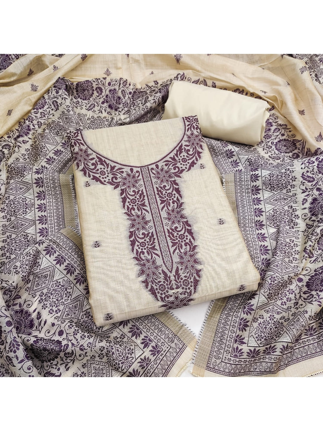 Peachmode Purple Linen Dress Material with Ethnic Motifs - Image 1