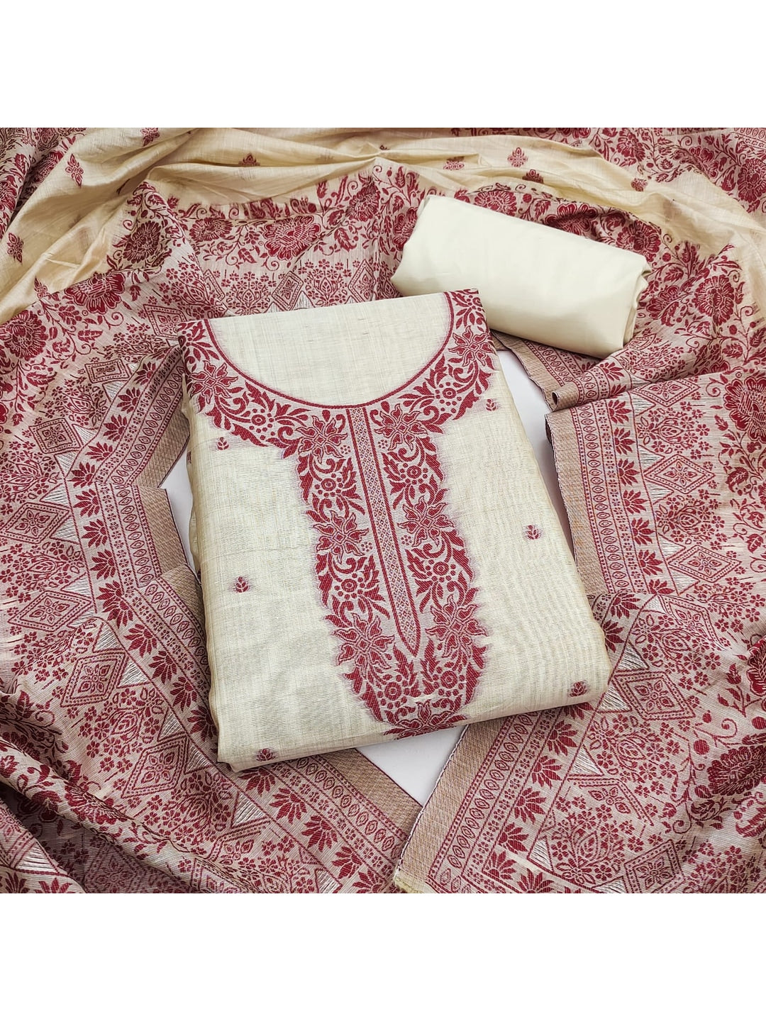 Peachmode Pink Linen Dress Material with Ethnic Motifs - Image 1