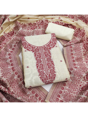 Peachmode Pink Linen Dress Material with Ethnic Motifs - Image 1