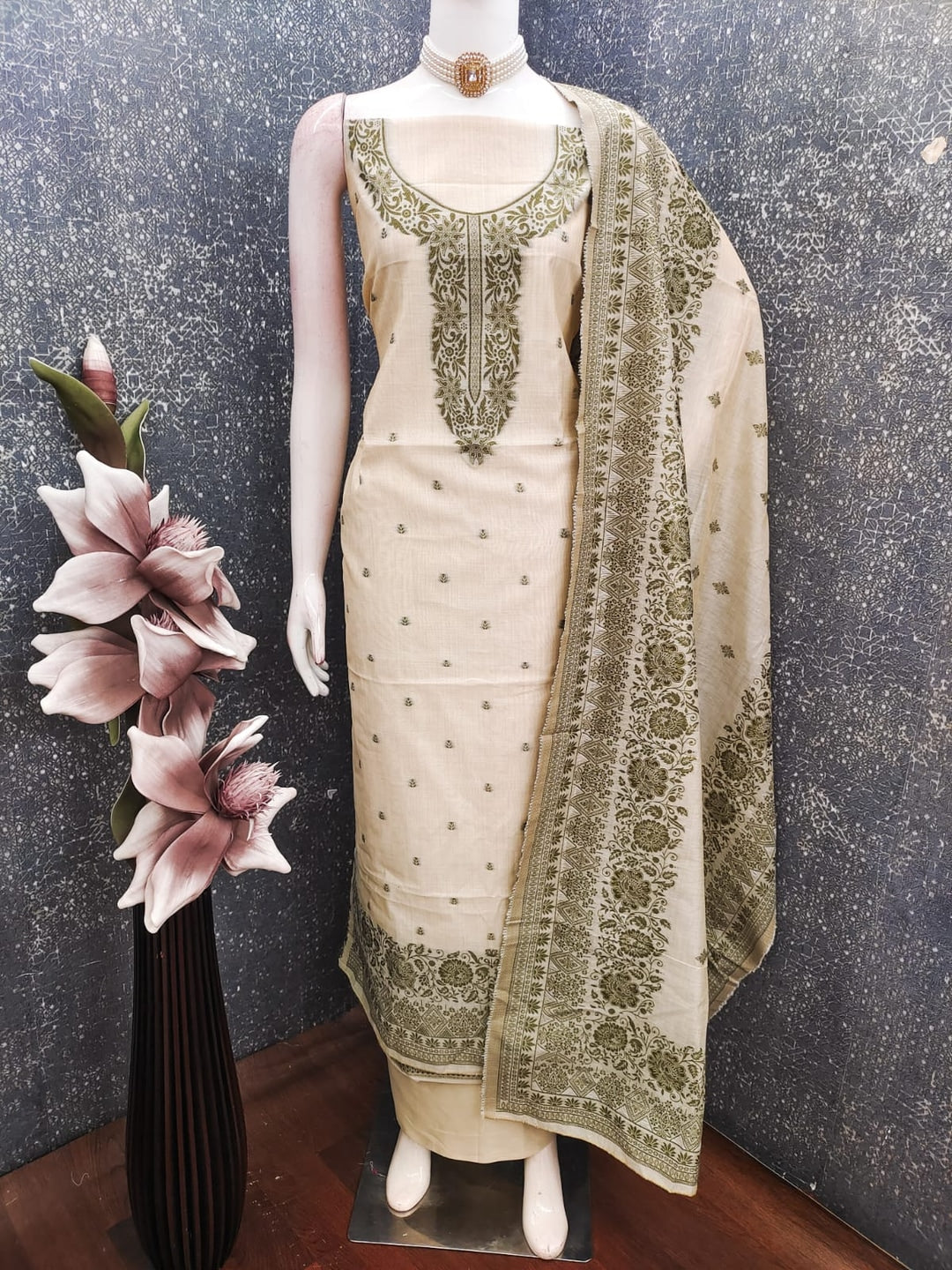 Peachmode Olive Linen Dress Material with Ethnic Motifs - Image 2