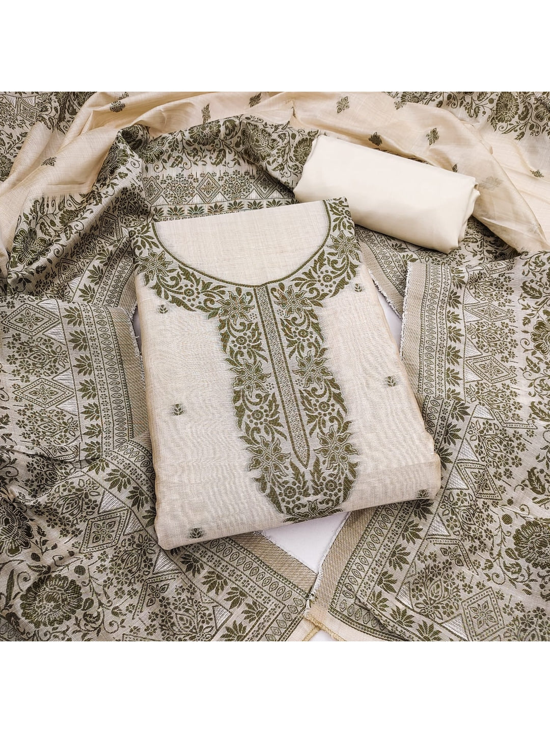 Peachmode Olive Linen Dress Material with Ethnic Motifs - Image 4