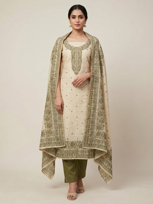 Peachmode Olive Linen Dress Material with Ethnic Motifs - Image 1