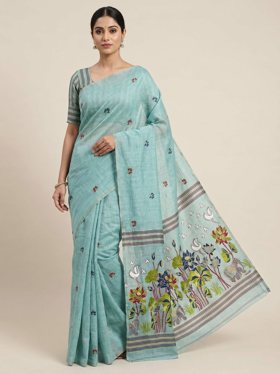 Peachmode Blue Linen Jamdani Saree for Traditional Wear - Image 1