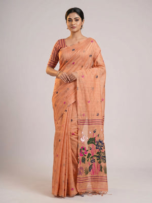 Peachmode Peach Linen Jamdani Saree for Traditional Wear - Image 1