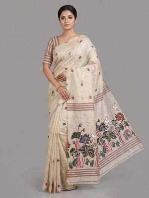 Peachmode Cream Linen Jamdani Saree for Traditional Wear - Image 1