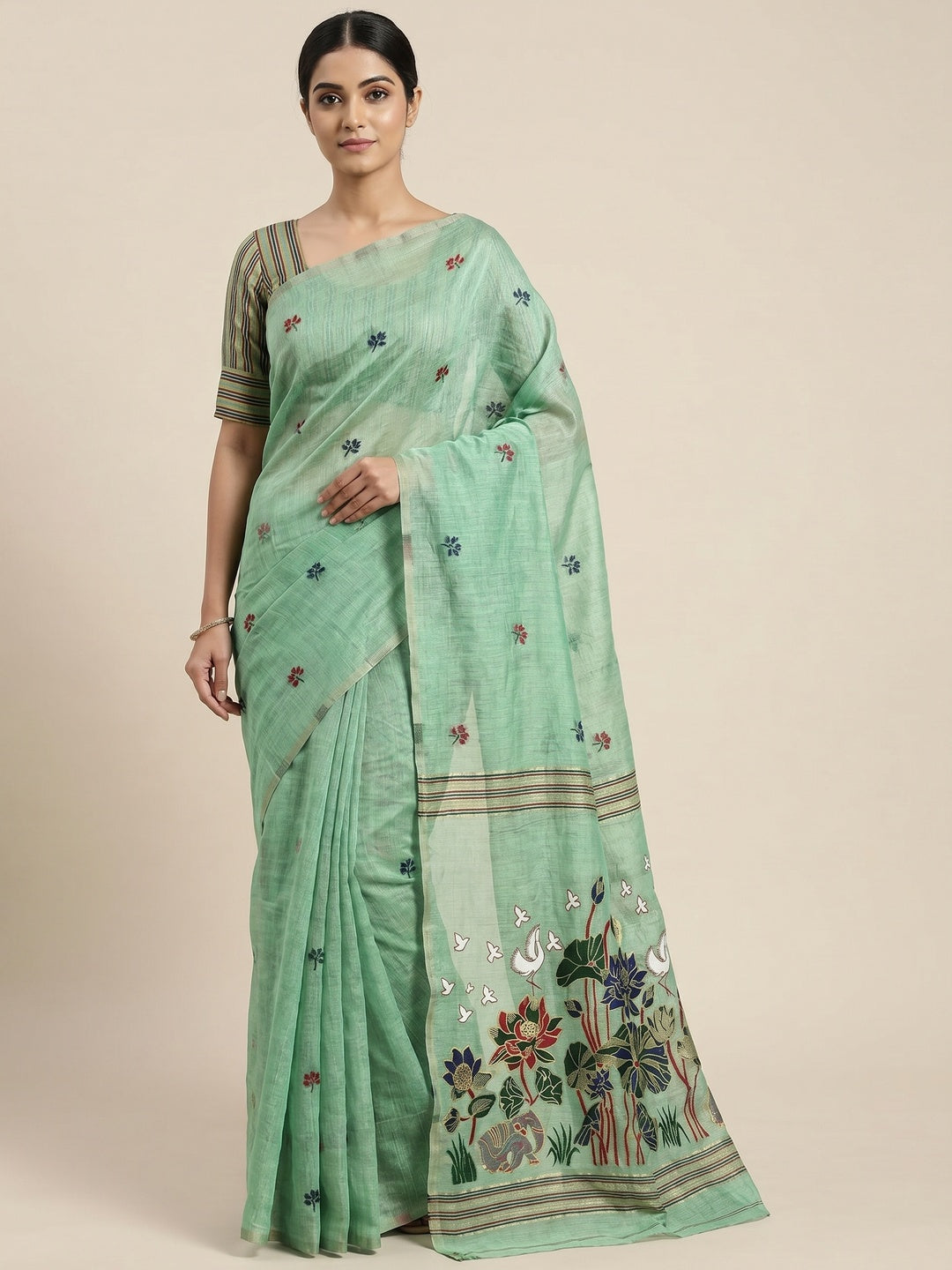 Peachmode Green Linen Jamdani Saree for Traditional Wear - Image 1