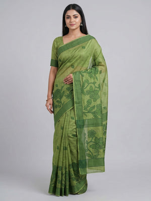 Peachmode Green Linen Jamdani Saree for Traditional Wear - Image 1