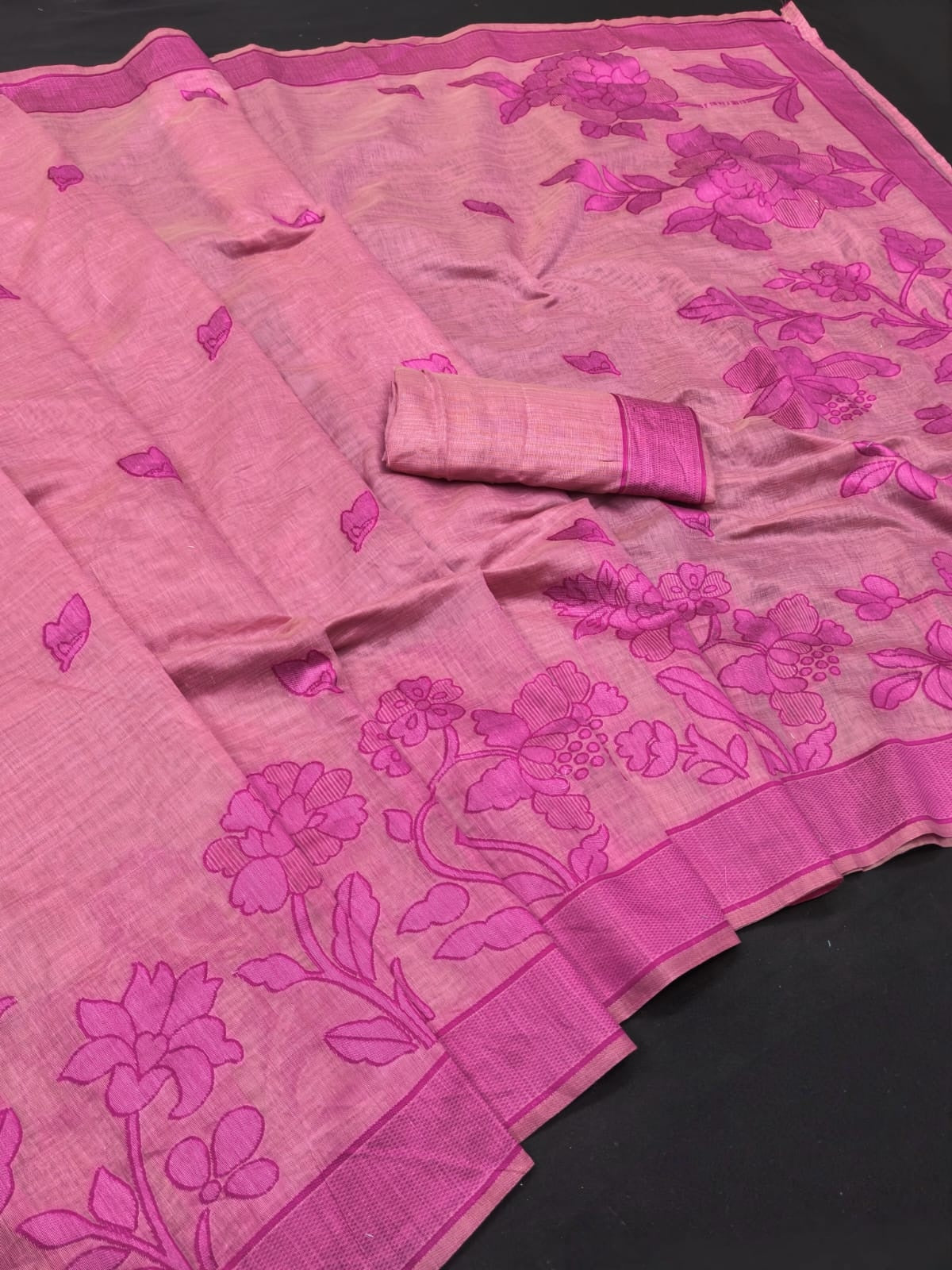 Peachmode Pink Linen Jamdani Saree for Traditional Wear - Image 3
