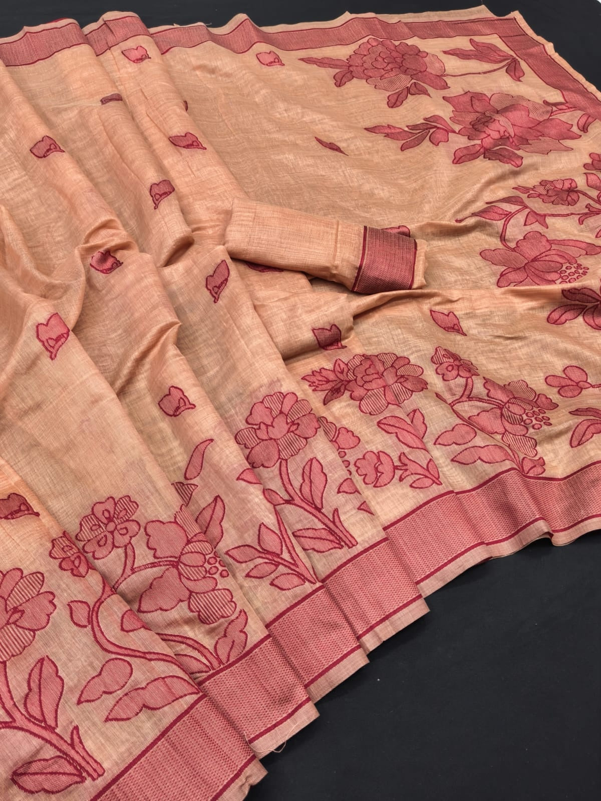 Peachmode Peach Linen Jamdani Saree for Traditional Wear - Image 3