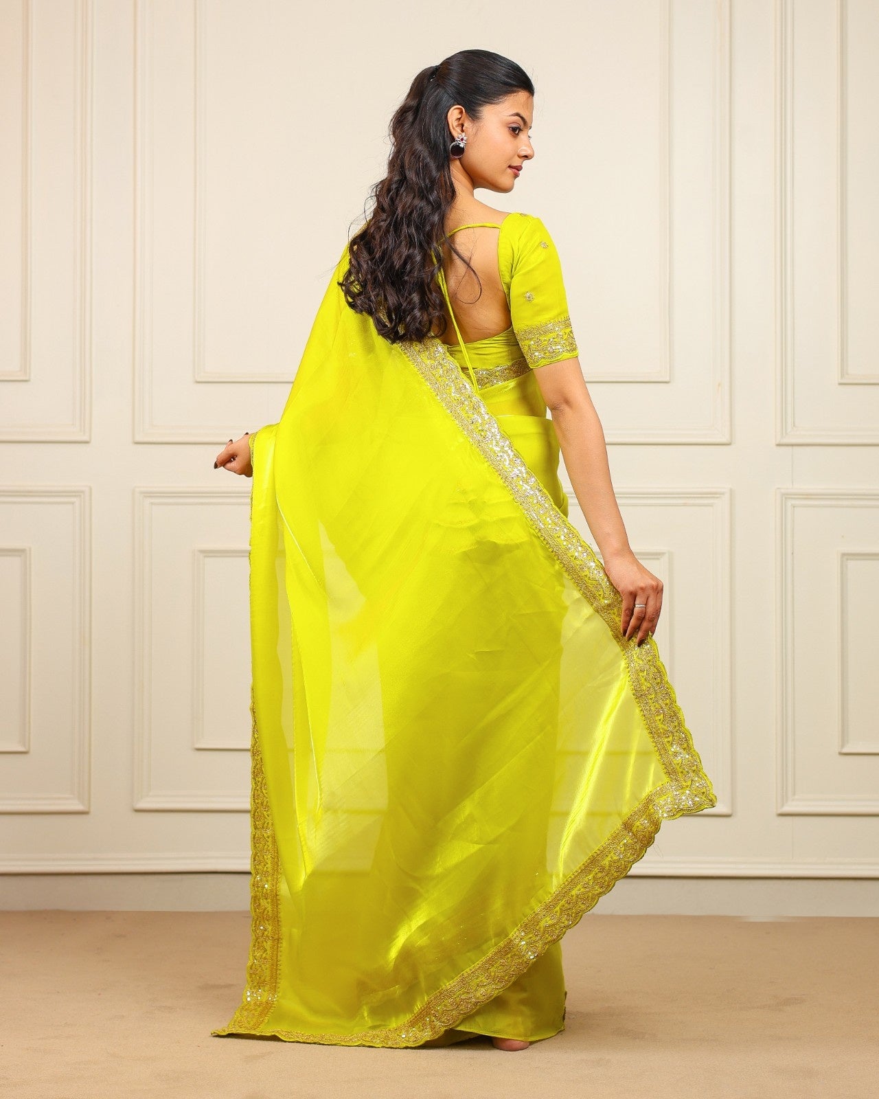 Peachmode Yellow Silk Saree with Sequins Embroidery - Image 3