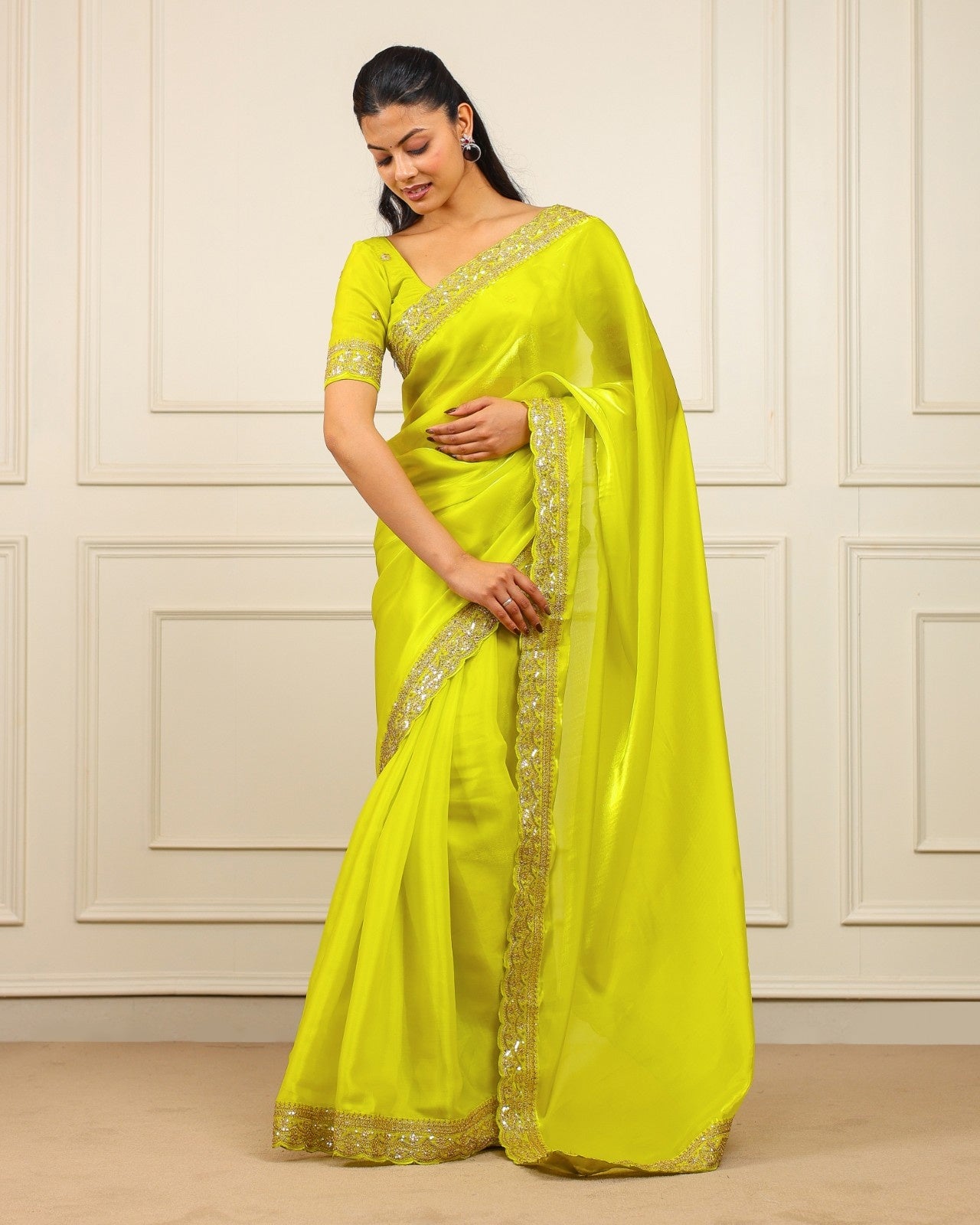Peachmode Yellow Silk Saree with Sequins Embroidery - Image 4