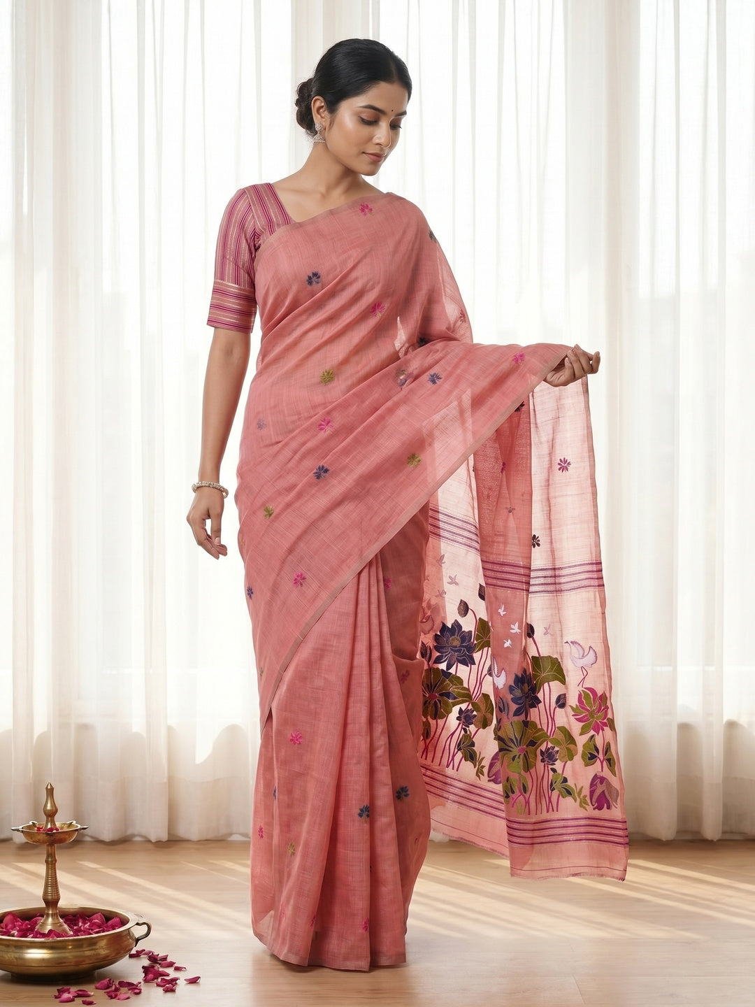 Peachmode Pink Linen Jamdani Saree for Traditional Wear - Image 1