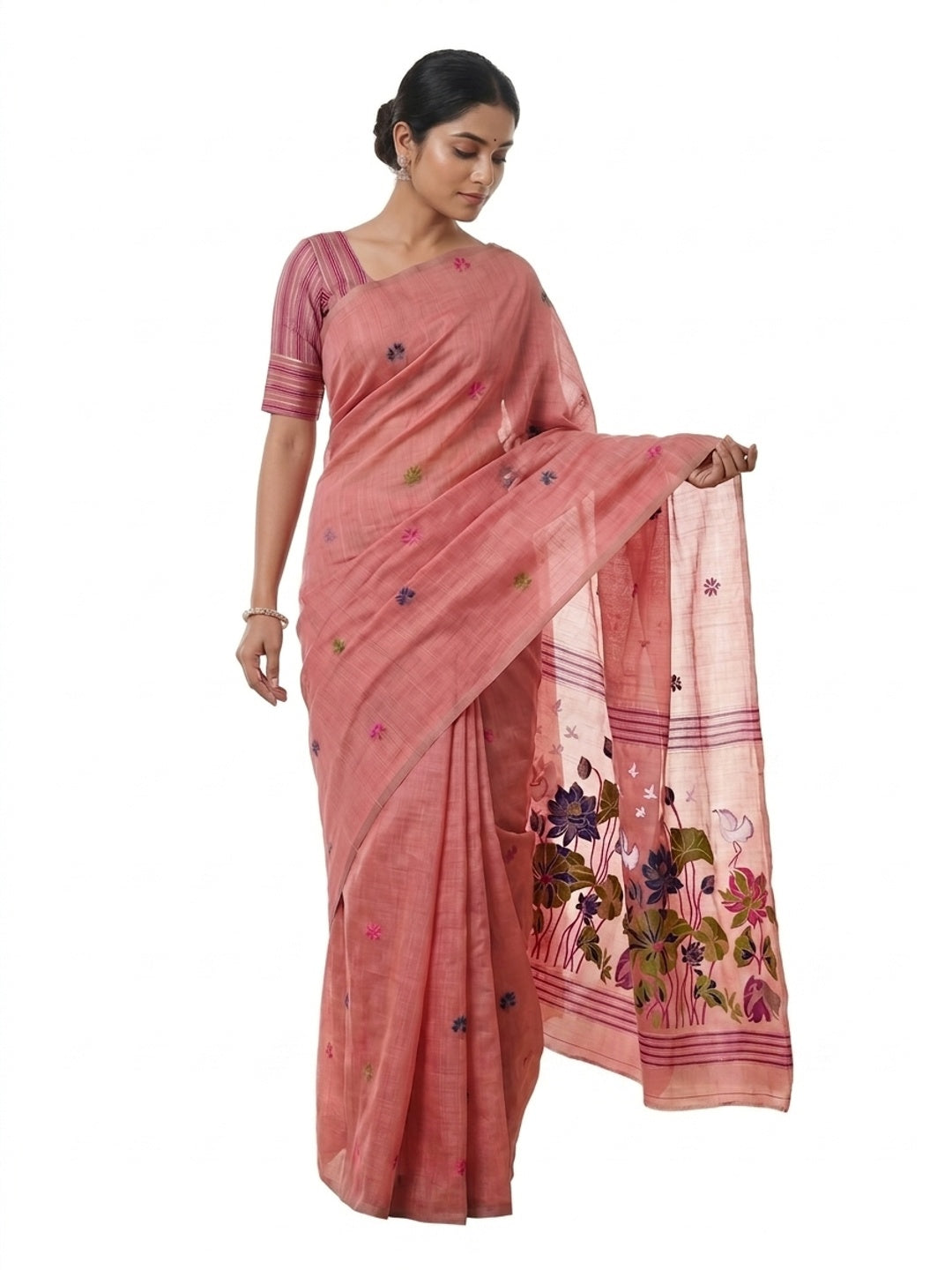 Peachmode Pink Linen Jamdani Saree for Traditional Wear - Image 4