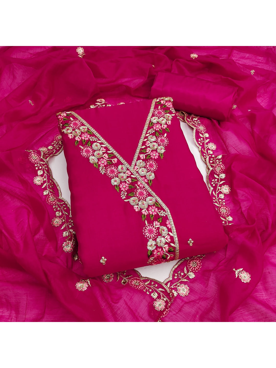 Peachmode Pink Mul Chanderi Dress Material with Floral Embroidery - Image 1