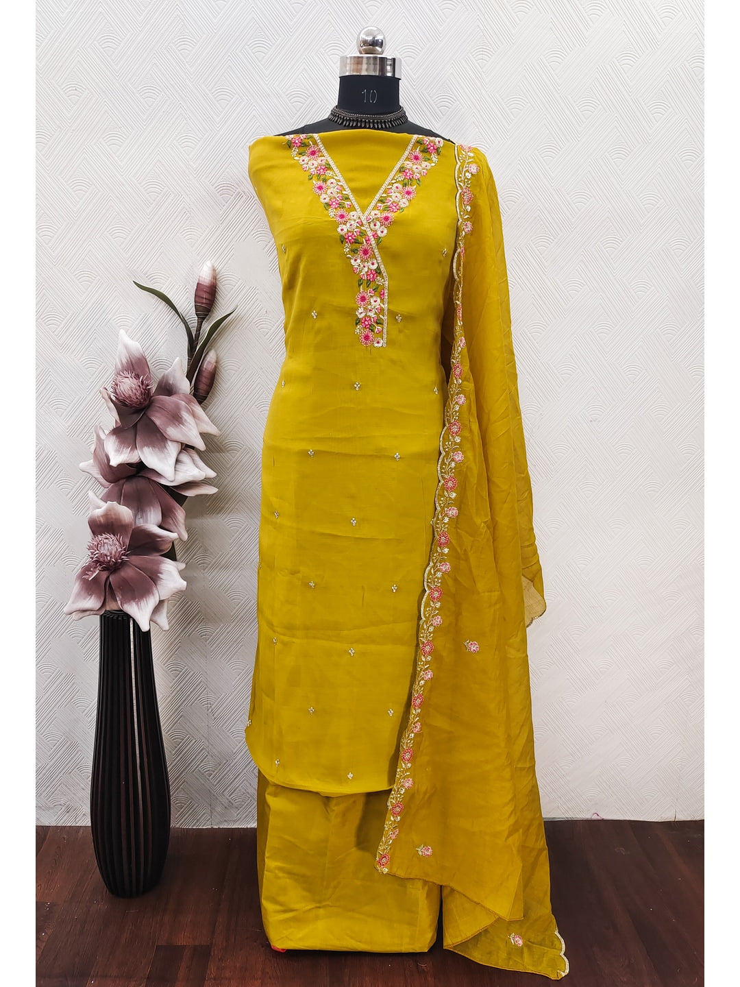 Peachmode Mustard Mul Chanderi Dress Material with Floral Embroidery - Image 2
