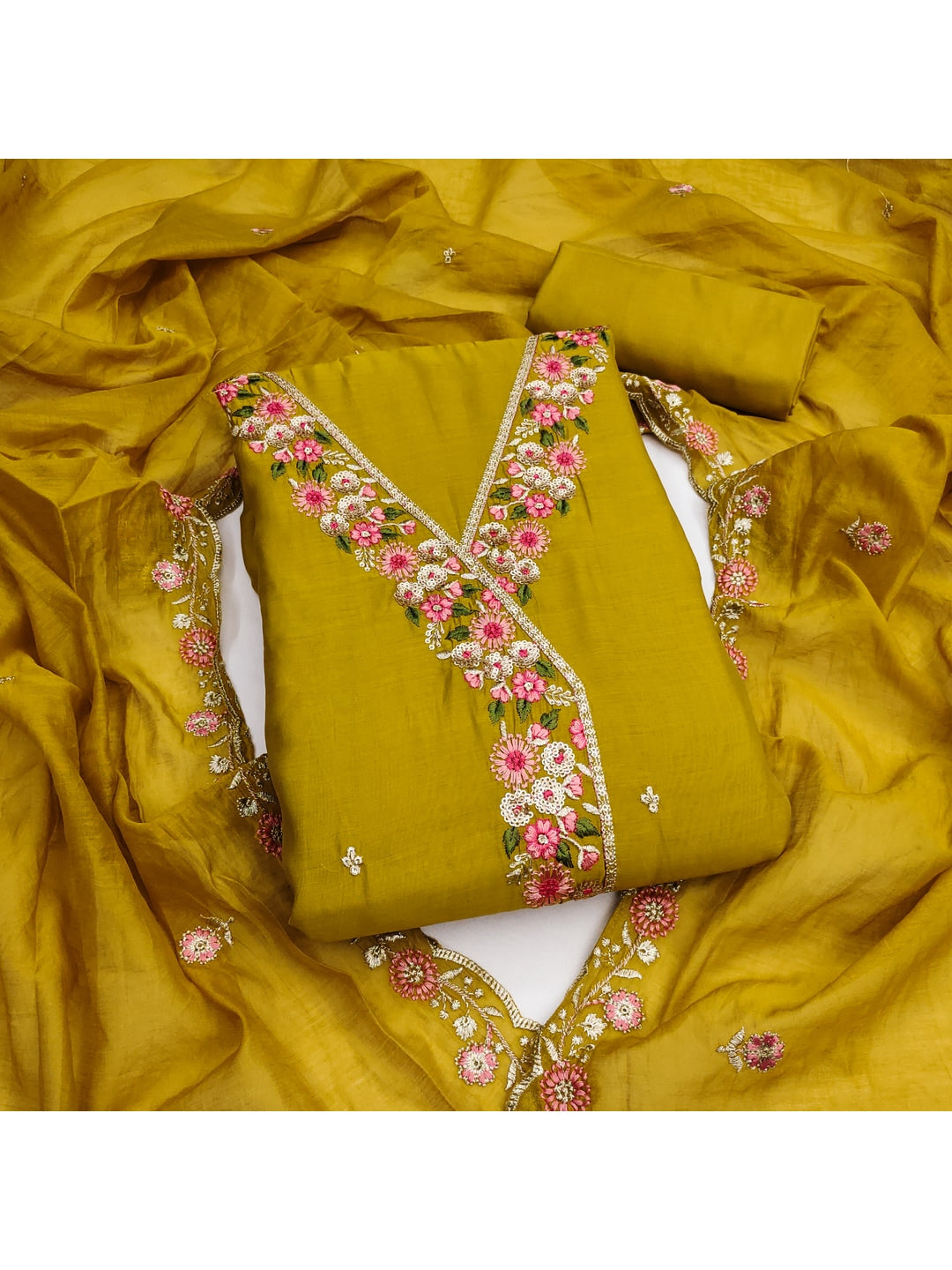 Peachmode Mustard Mul Chanderi Dress Material with Floral Embroidery - Image 1