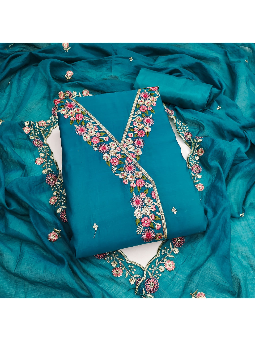 Peachmode Teal Mul Chanderi Dress Material with Floral Embroidery - Image 1