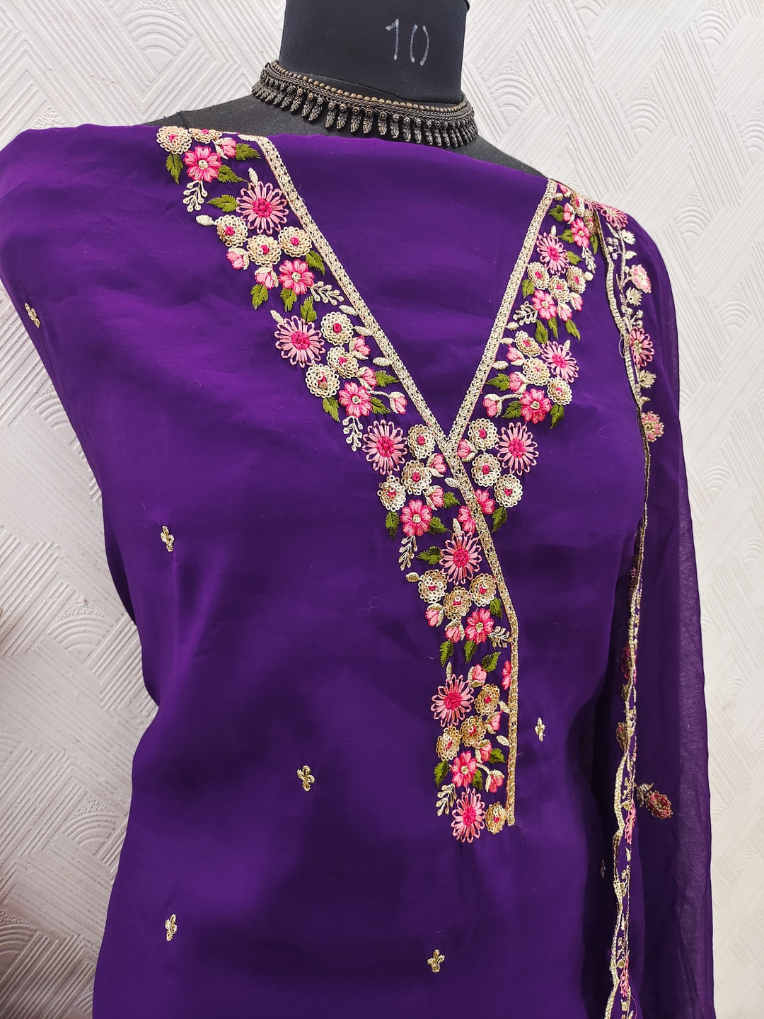 Peachmode Purple Mul Chanderi Dress Material with Floral Embroidery - Image 3