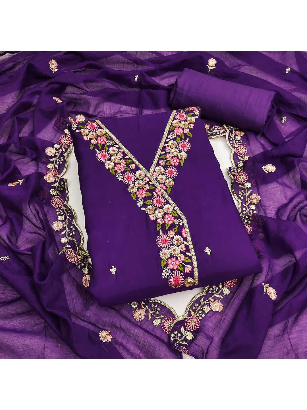Peachmode Purple Mul Chanderi Dress Material with Floral Embroidery - Image 1