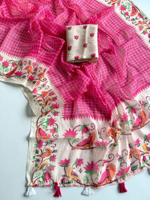 Peachmode Pink Soft Linen Saree with checks floral border - Image 2