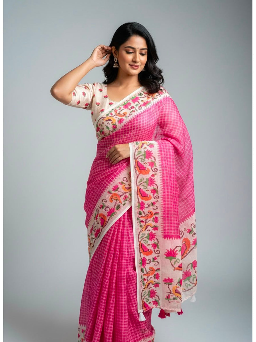 Peachmode Pink Soft Linen Saree with checks floral border - Image 3