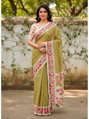 Peachmode Olive Soft Linen Saree with checks floral border - Image 1