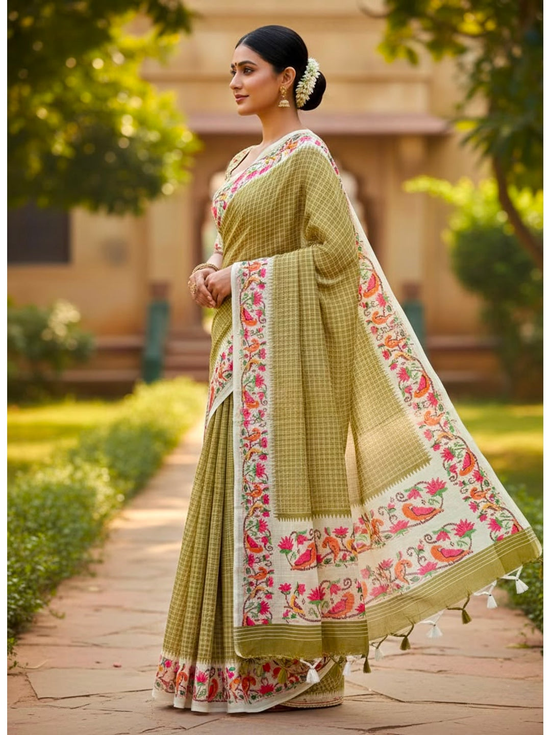 Peachmode Olive Soft Linen Saree with checks floral border - Image 3