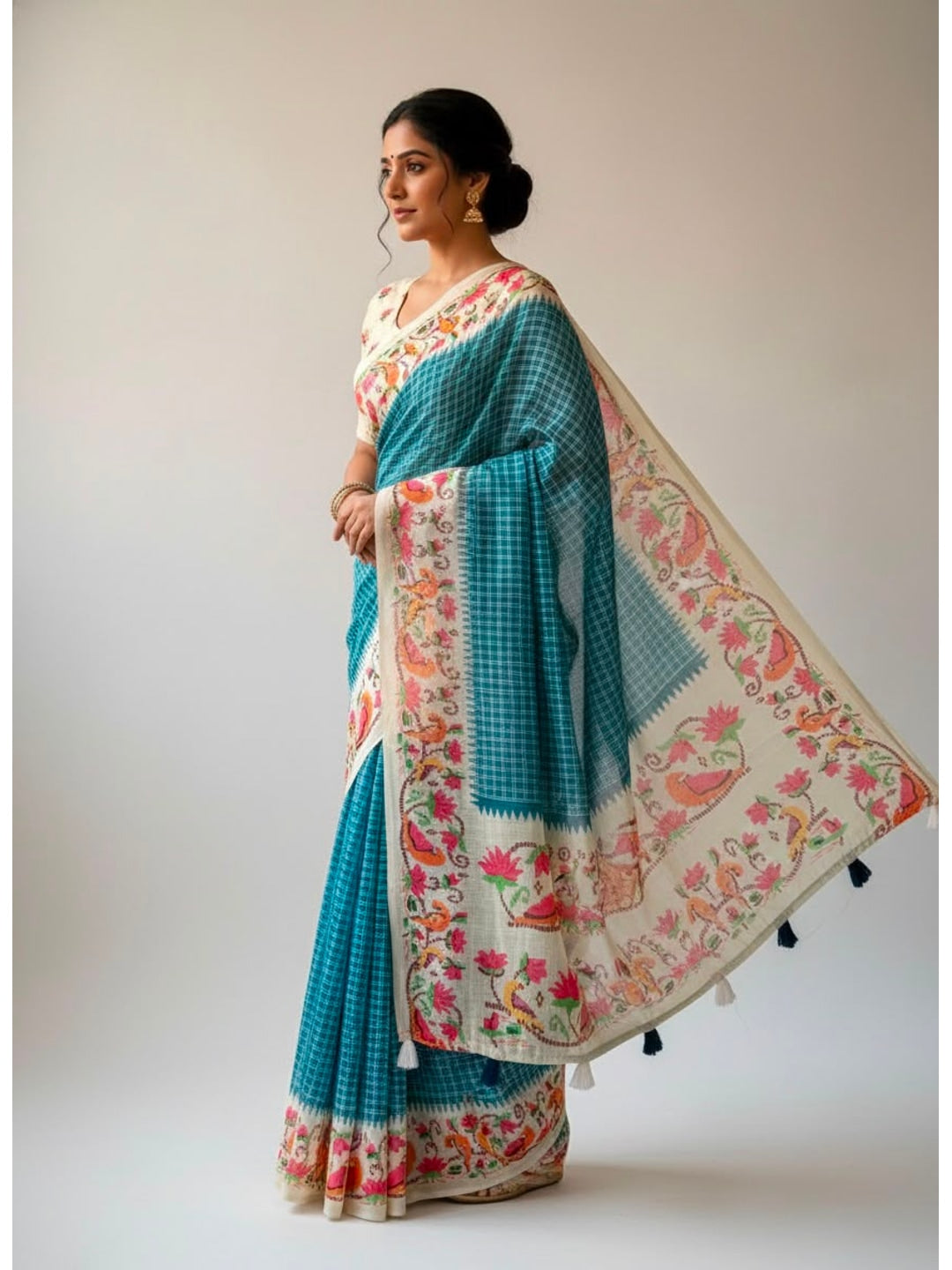 Peachmode Teal Soft Linen Saree with checks floral border - Image 2