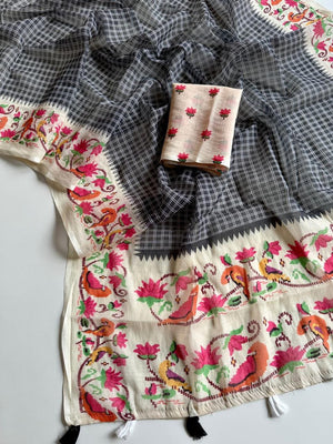 Peachmode Grey Soft Linen Saree with checks floral border - Image 2
