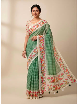 Peachmode Green Soft Linen Saree with checks floral border - Image 1