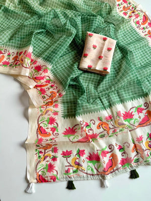 Peachmode Green Soft Linen Saree with checks floral border - Image 2