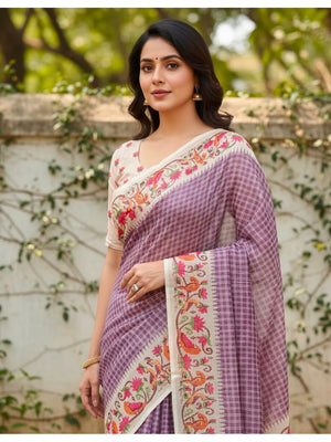 Peachmode Purple Soft Linen Saree with checks floral border - Image 1