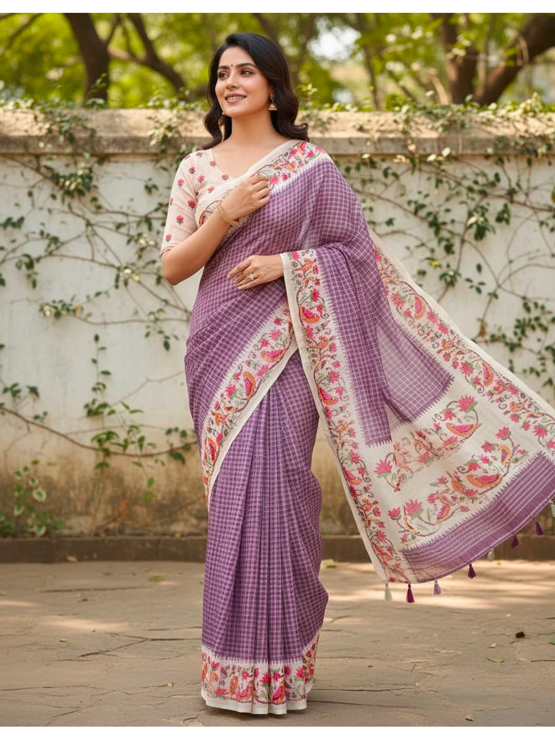 Peachmode Purple Soft Linen Saree with checks floral border - Image 3