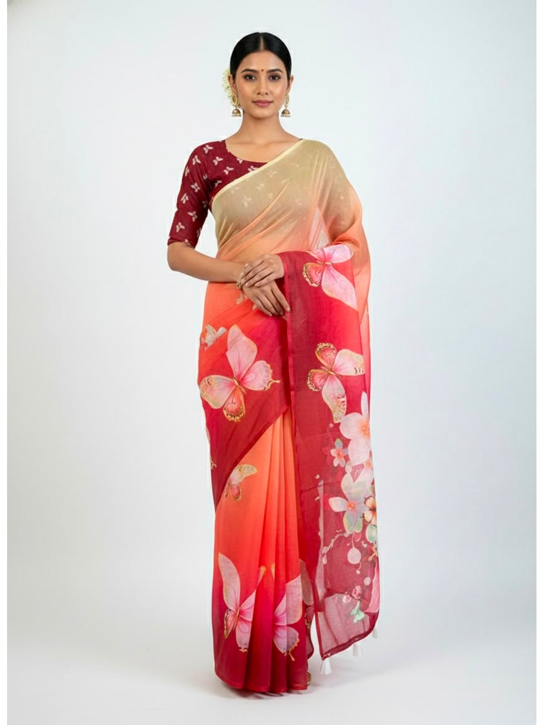 Peachmode Red Soft Linen Saree with butterfly floral print - Image 1